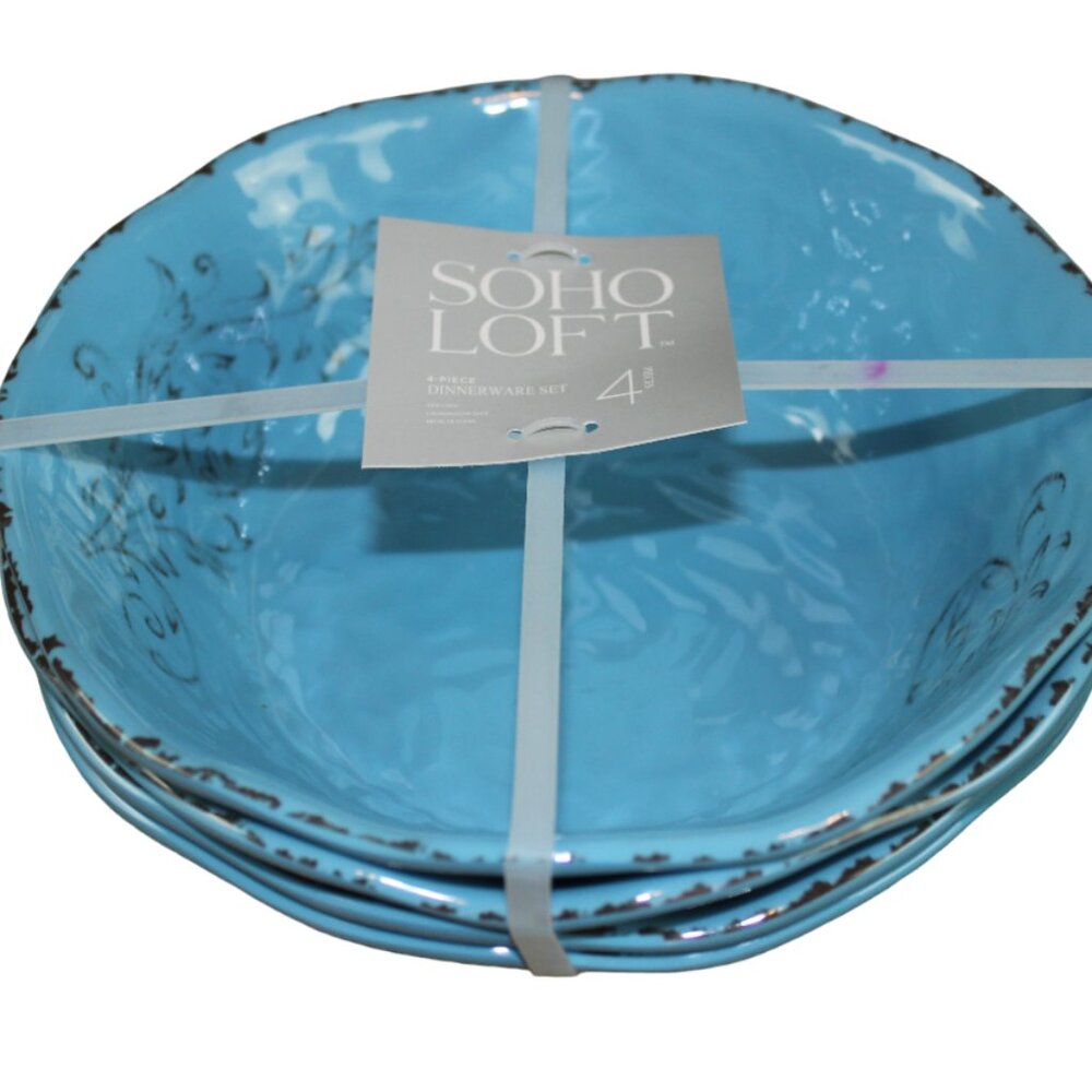 Soho Loft Blue Rustic Farmhouse Set of 4 Melamine 7.5" Cereal Bowls Brown NWT